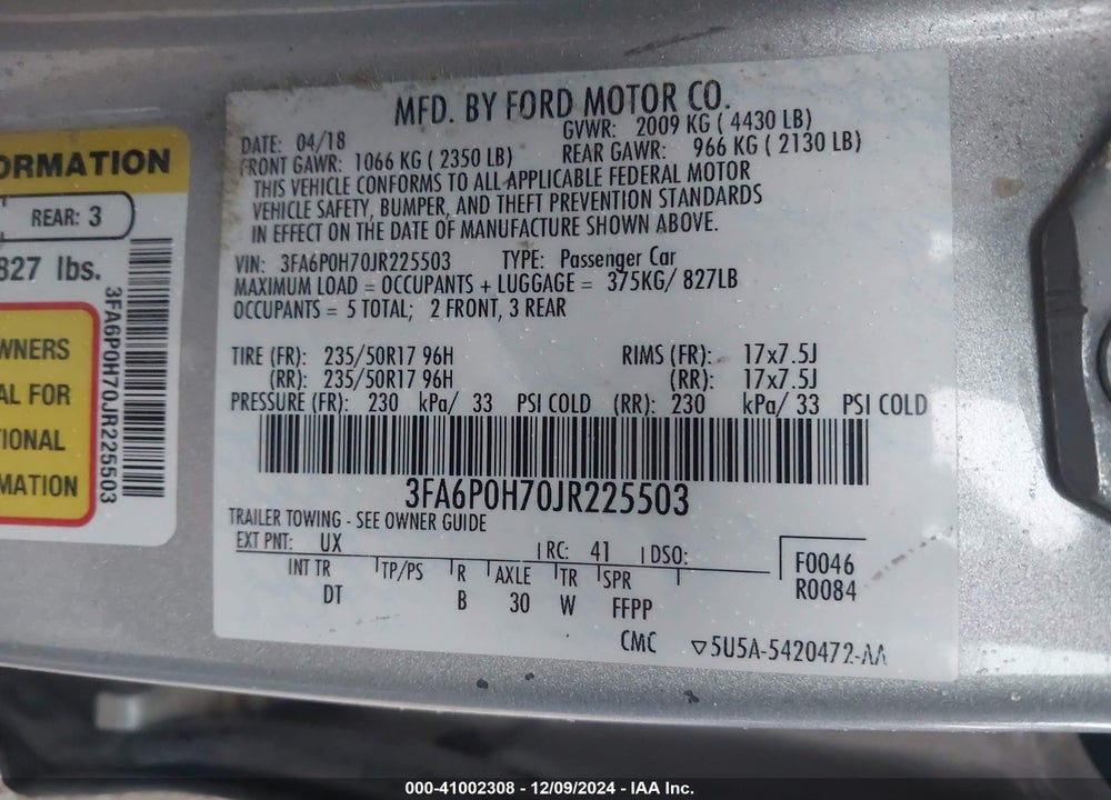 2018 FORD FUSION VIN: 3FA6P0H70JR225503