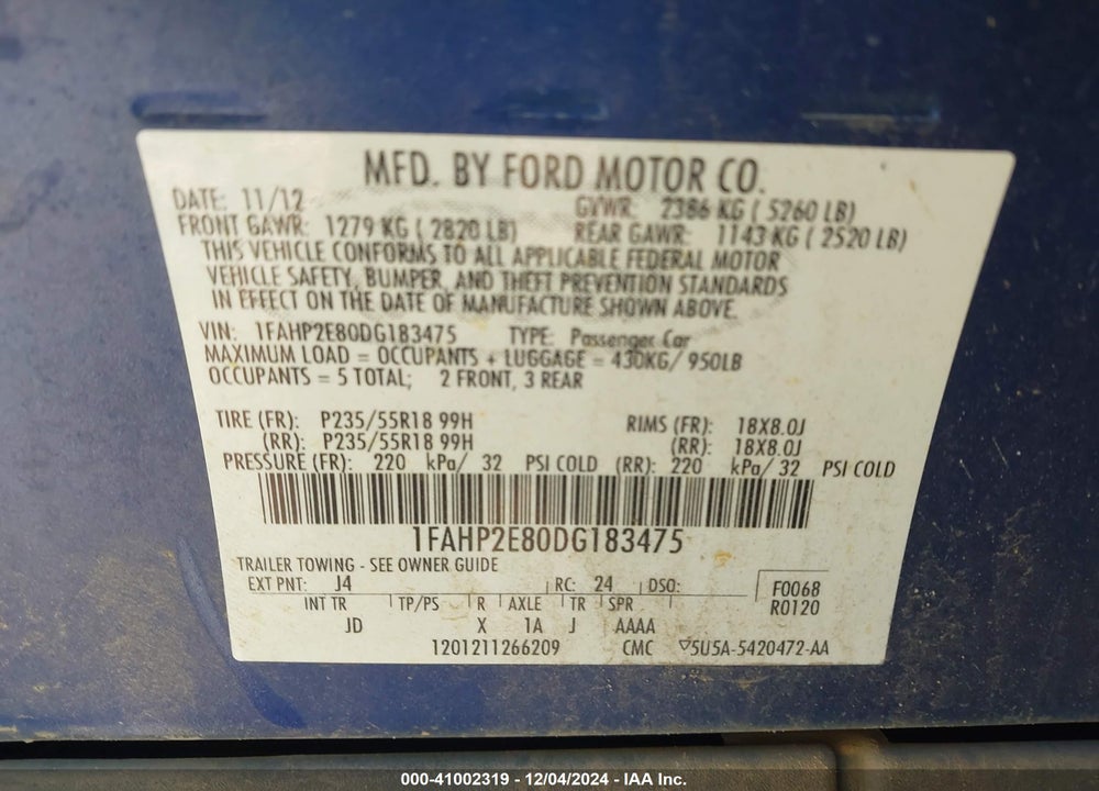2013 FORD TAURUS SEL VIN: 1FAHP2E80DG183475