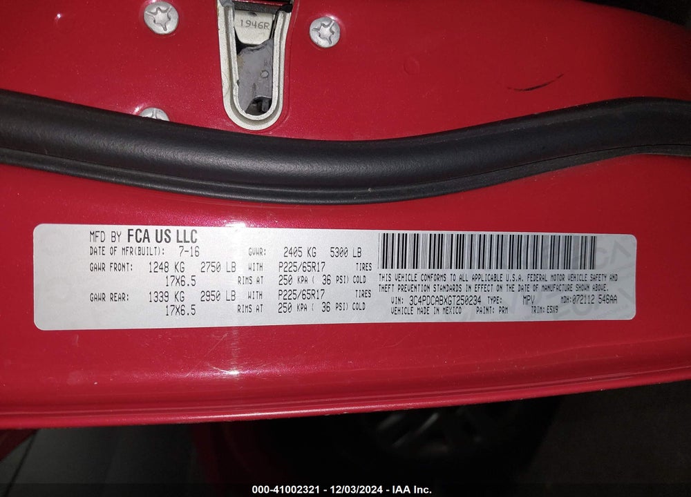 2016 DODGE JOURNEY SE VIN: 3C4PDCABXGT250234