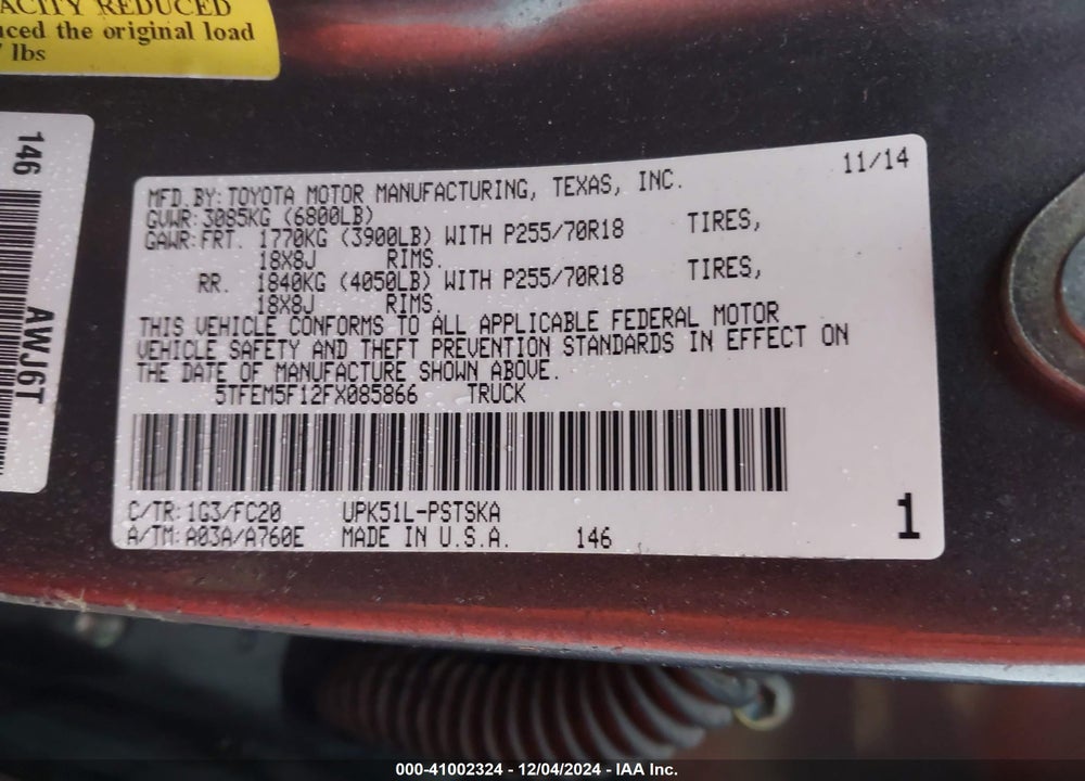 2015 TOYOTA TUNDRA SR5 4.6L V8 VIN: 5TFEM5F12FX085866