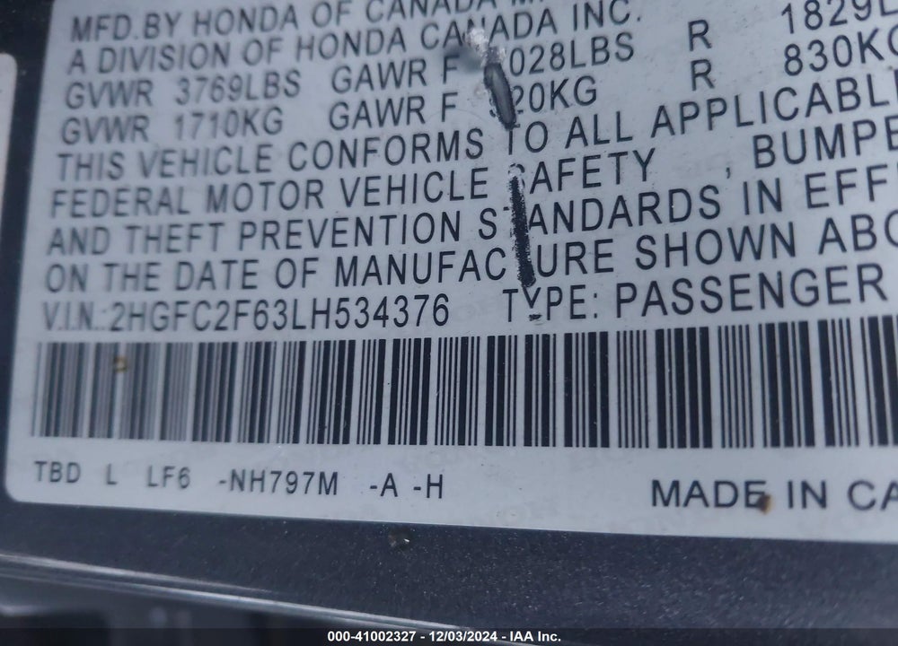 2020 HONDA CIVIC LX VIN: 2HGFC2F63LH534376