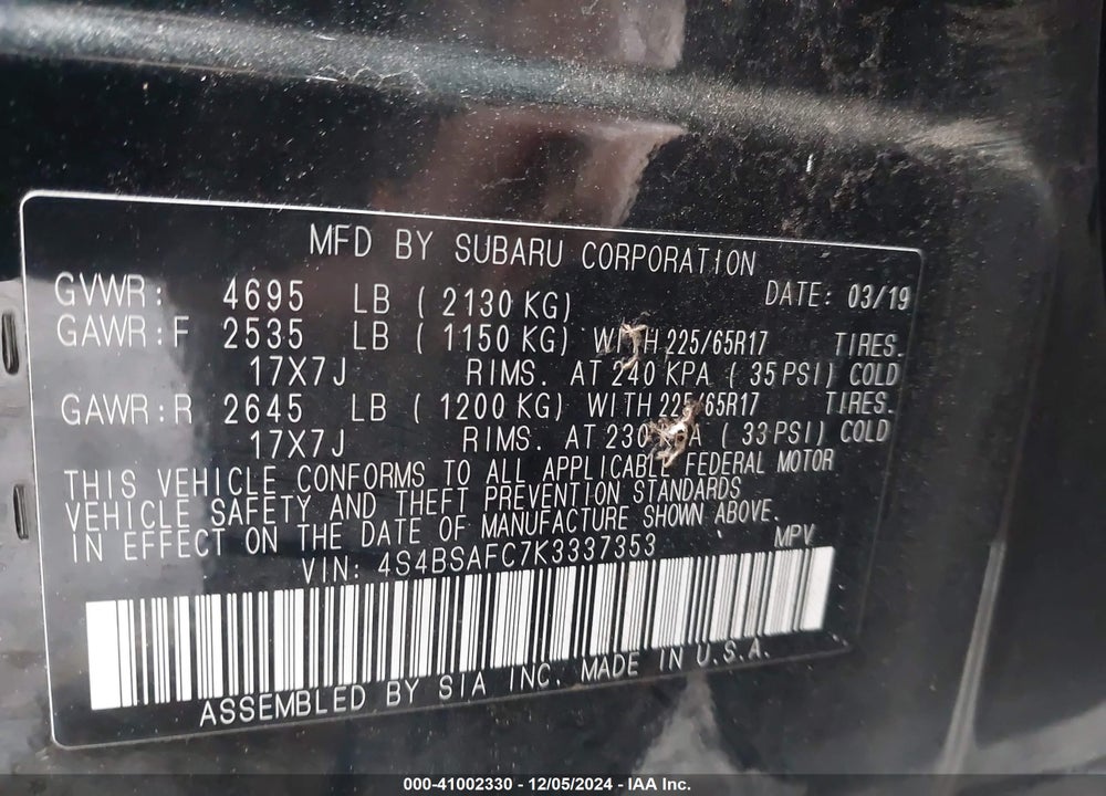 2019 SUBARU OUTBACK 2.5I PREMIUM VIN: 4S4BSAFC7K3337353