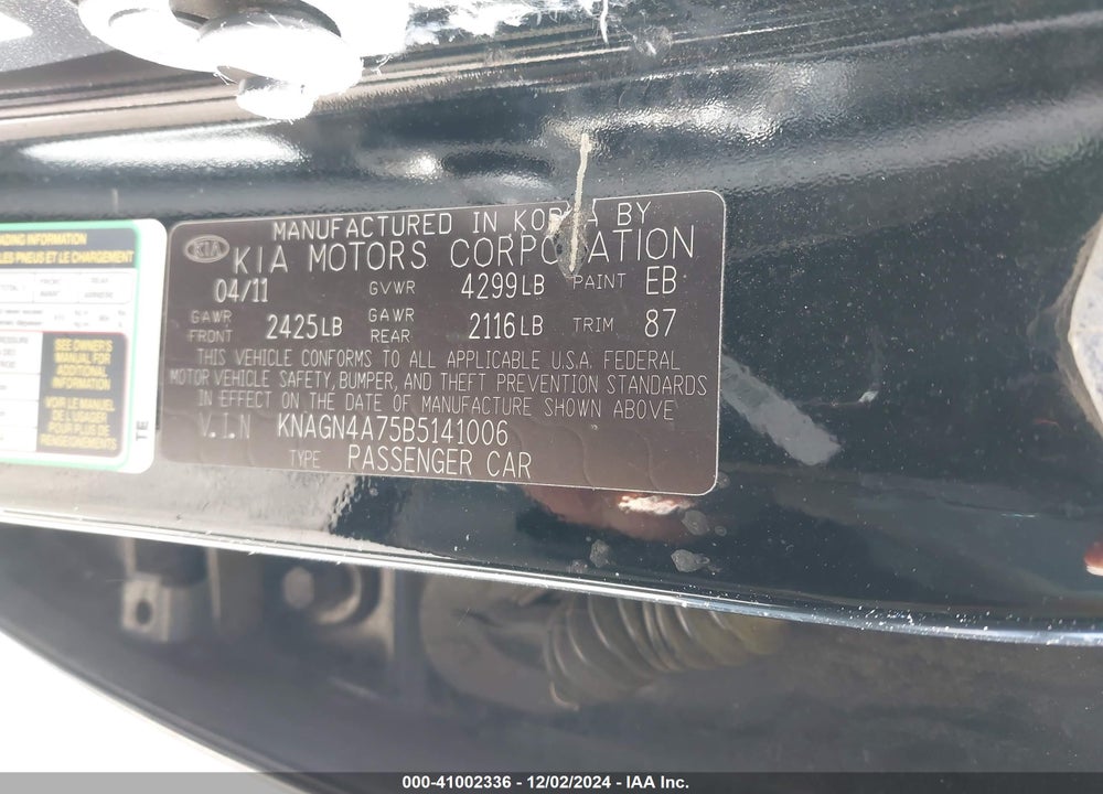 2011 KIA OPTIMA VIN: KNAGN4A75B5141006