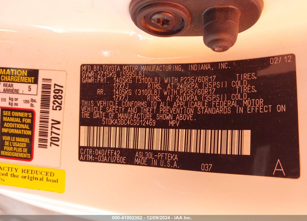 2012 TOYOTA SIENNA BASE 7 PASSENGER VIN: 5TDKA3DC4CS012469