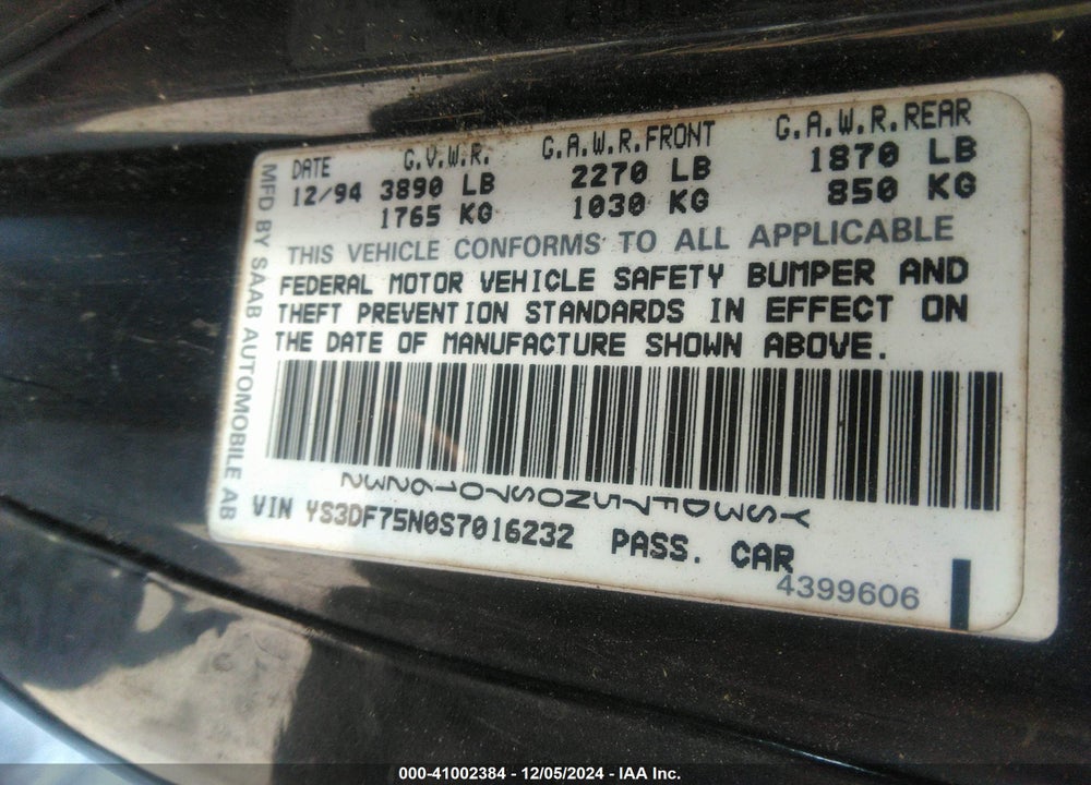 1995 SAAB 900 SE TURBO VIN: YS3DF75N0S7016232