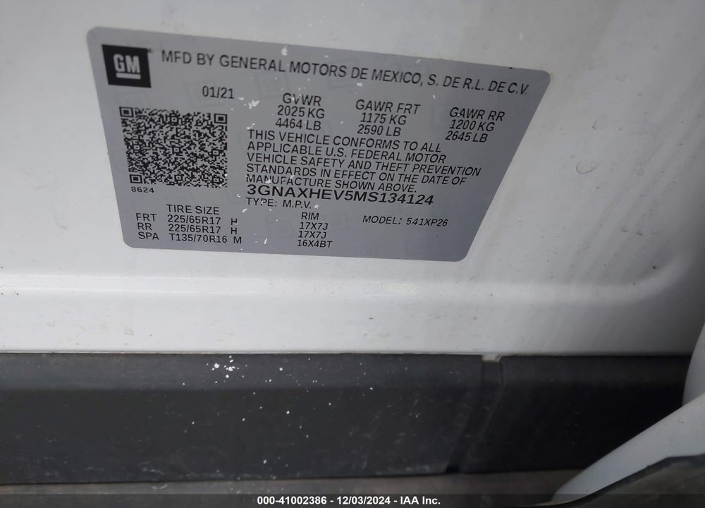 2021 CHEVROLET EQUINOX FWD LS VIN: 3GNAXHEV5MS134124
