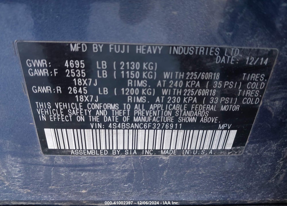 2015 SUBARU OUTBACK 2.5I LIMITED VIN: 4S4BSANC6F3276911