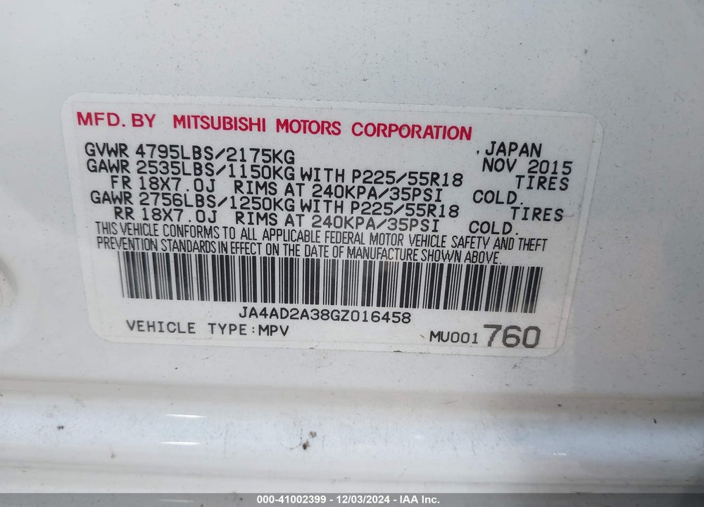 2016 MITSUBISHI OUTLANDER ES VIN: JA4AD2A38GZ016458