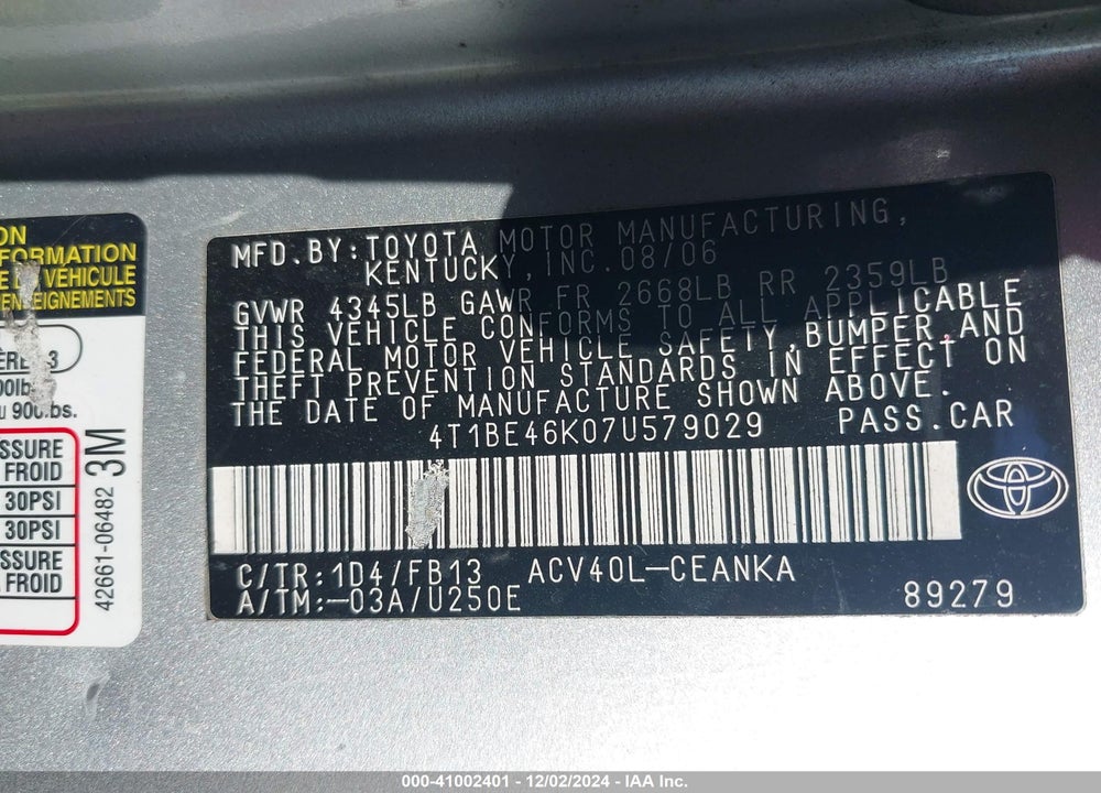 2007 TOYOTA CAMRY LE VIN: 4T1BE46K07U579029