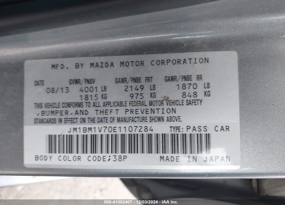 2014 MAZDA 3 I TOURING VIN: JM1BM1V70E1107284