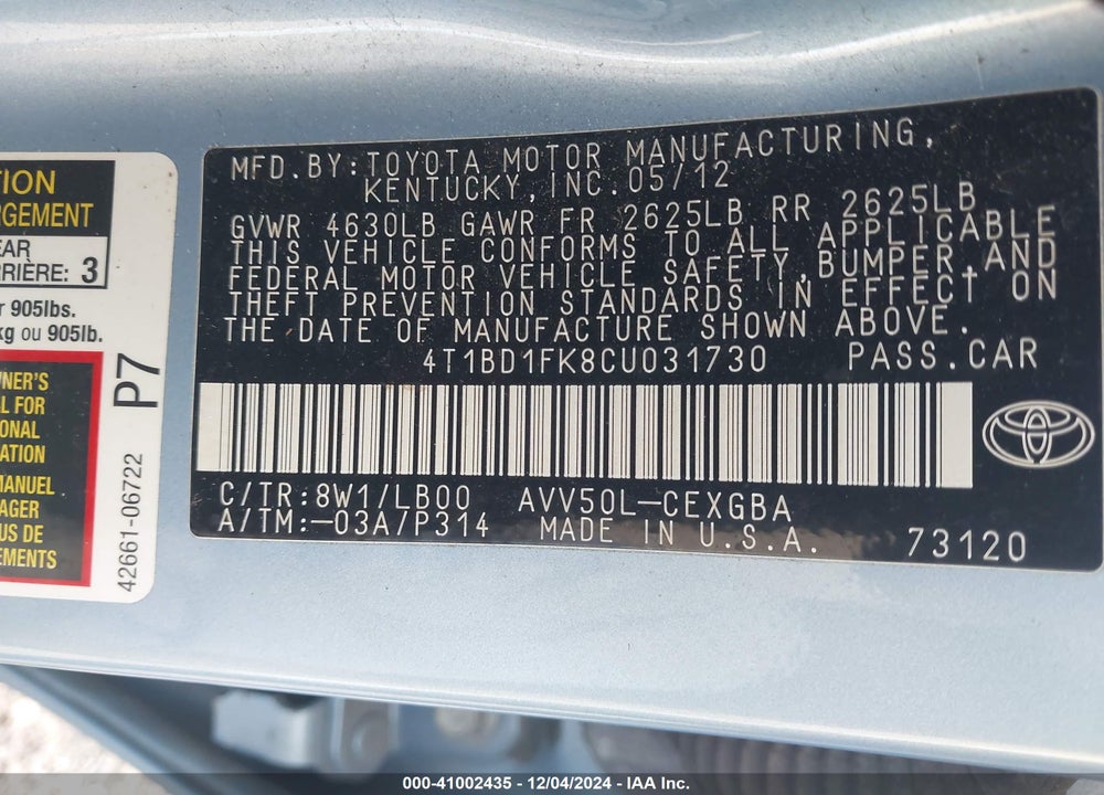 2012 TOYOTA CAMRY HYBRID XLE VIN: 4T1BD1FK8CU031730