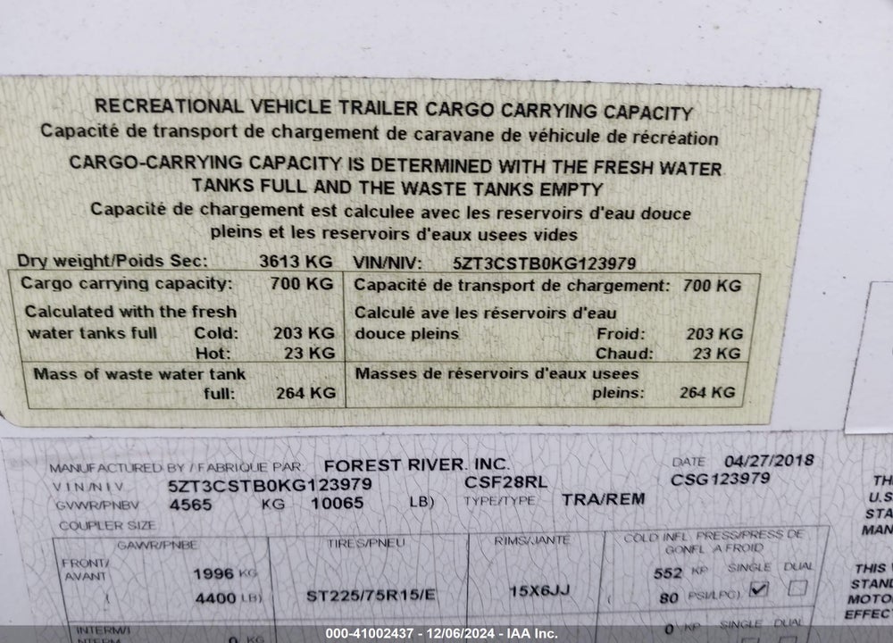 2019 RECREATIONAL CRUSADER VIN: 5ZT3CSTB0KG123979