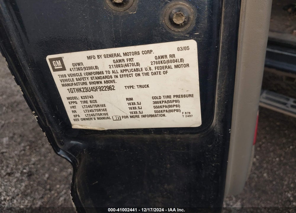 2005 GMC SIERRA 2500HD SLE VIN: 1GTHK23U45F922962