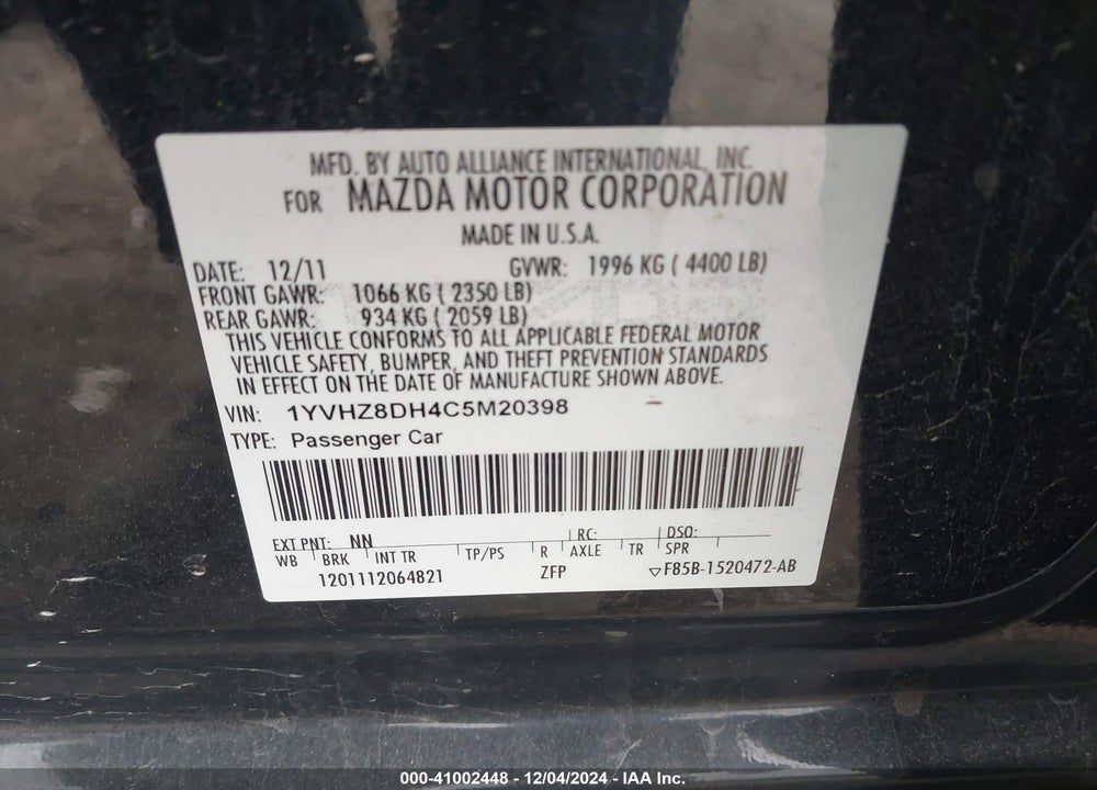 2012 MAZDA 6 I TOURING VIN: 1YVHZ8DH4C5M20398