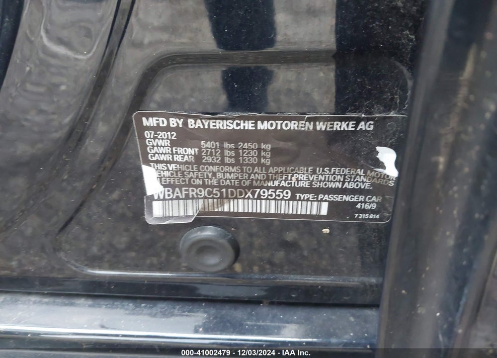 2013 BMW 550I VIN: WBAFR9C51DDX79559