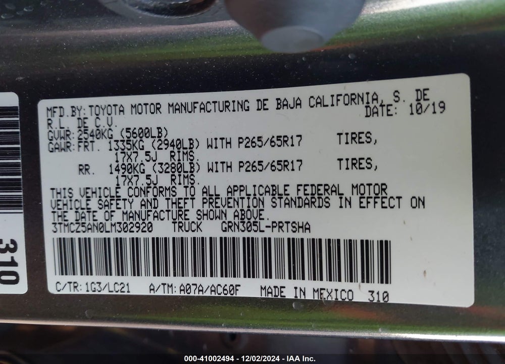 2020 TOYOTA TACOMA VIN: 3TMCZ5AN0LM302920