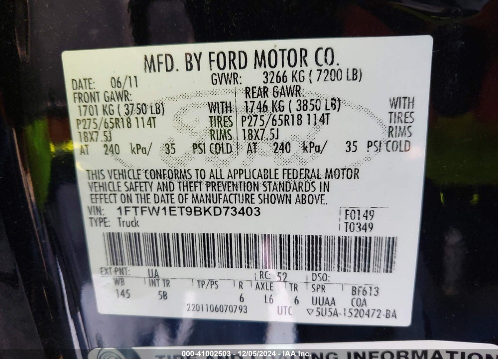 2011 FORD F-150 FX4 VIN: 1FTFW1ET9BKD73403