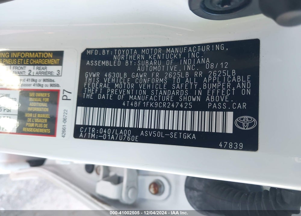 2012 TOYOTA CAMRY XLE VIN: 4T4BF1FK9CR247425
