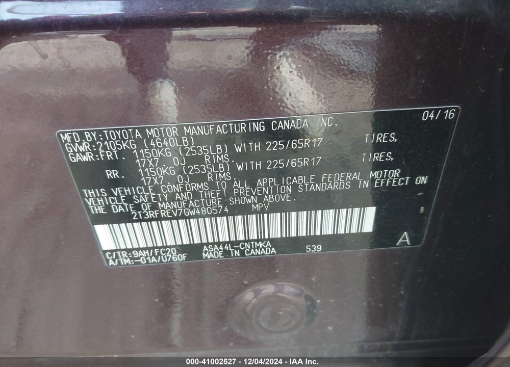2016 TOYOTA RAV4 XLE VIN: 2T3RFREV7GW480574