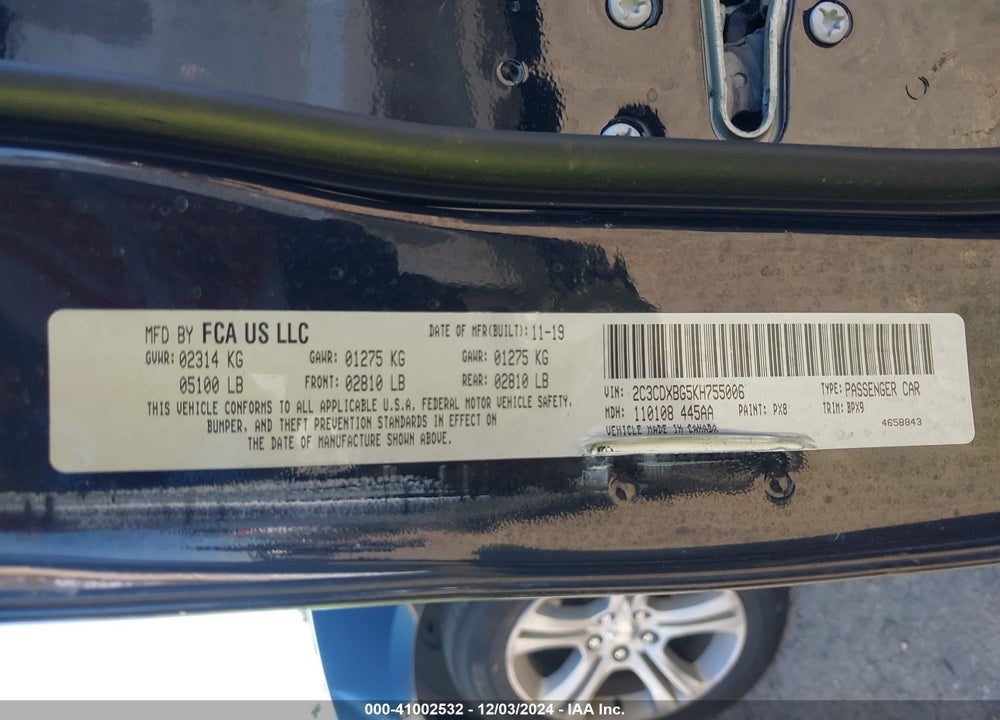 2019 DODGE CHARGER VIN: 2C3CDXBG5KH755006