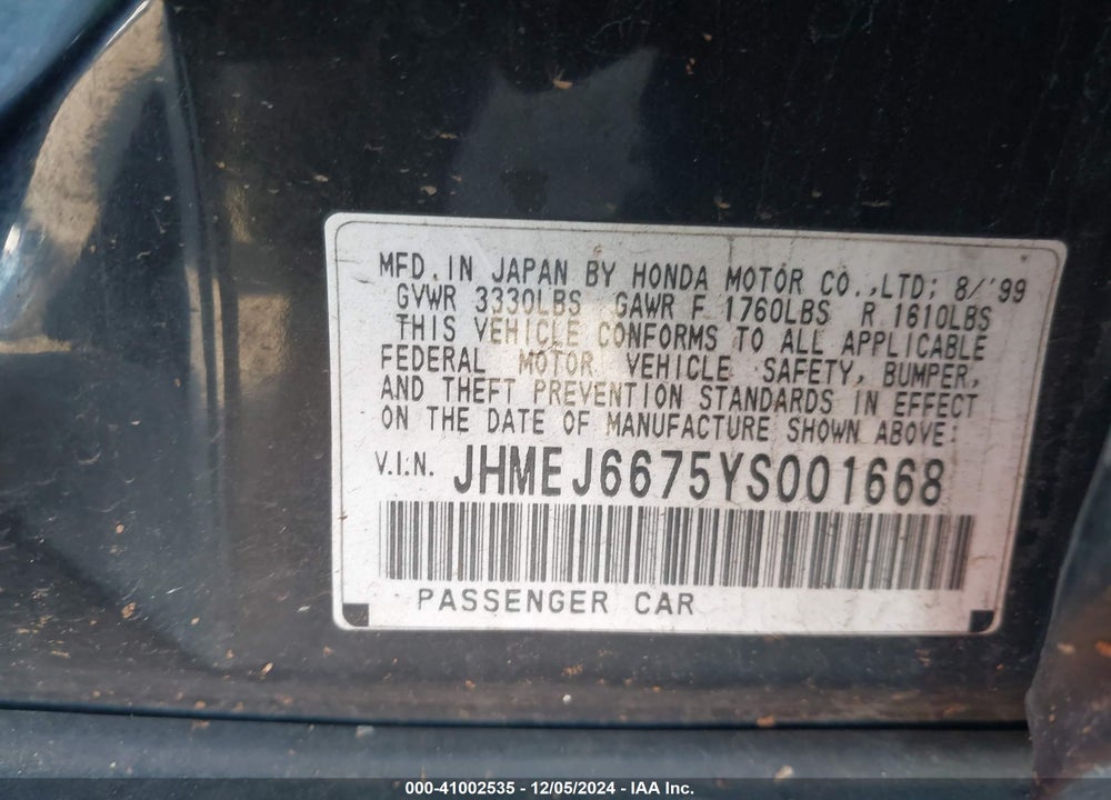 2000 HONDA CIVIC LX VIN: JHMEJ6675YS001668