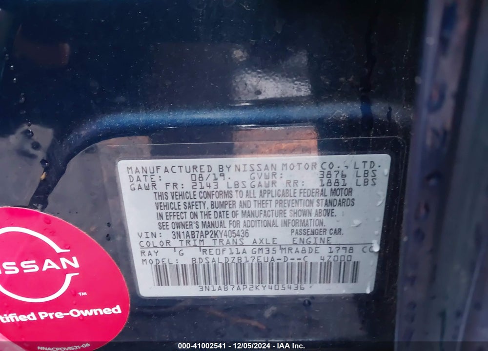 2019 NISSAN SENTRA SV VIN: 3N1AB7AP2KY405436