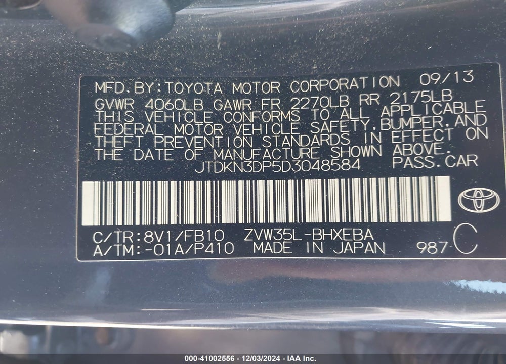 2013 TOYOTA PRIUS PLUG-IN VIN: JTDKN3DP5D3048584