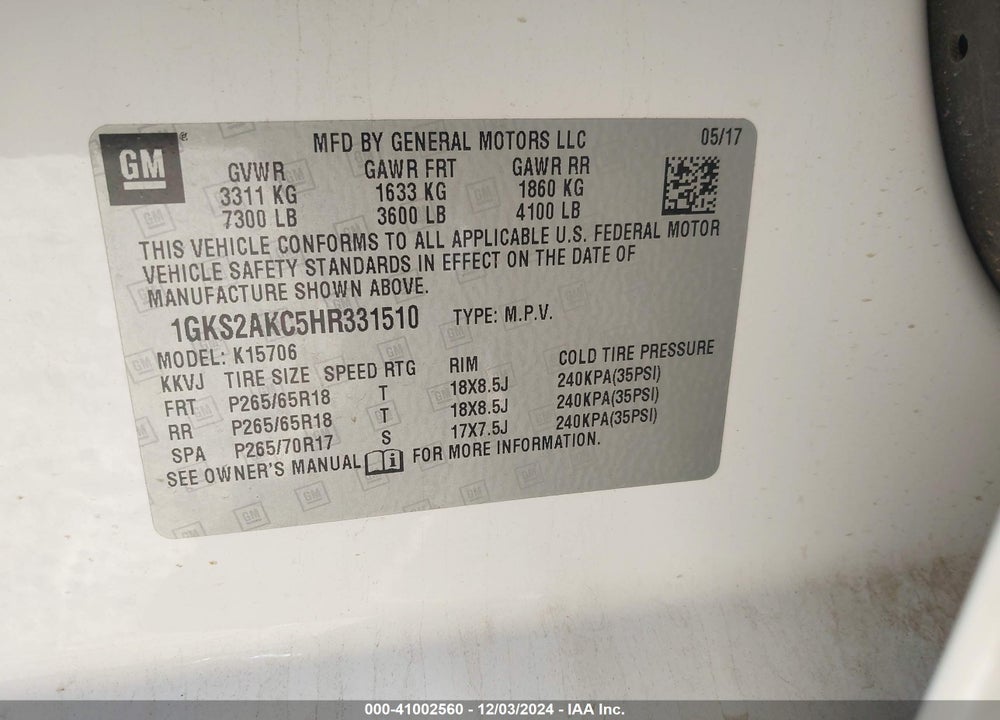 2017 GMC YUKON SLE VIN: 1GKS2AKC5HR331510