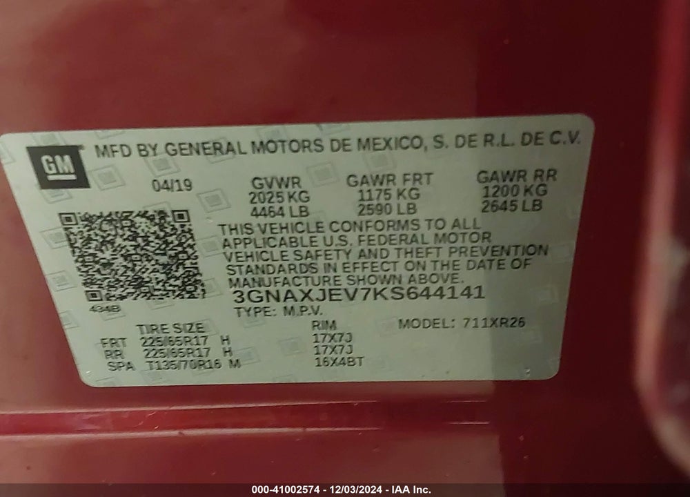2019 CHEVROLET EQUINOX LT VIN: 3GNAXJEV7KS644141