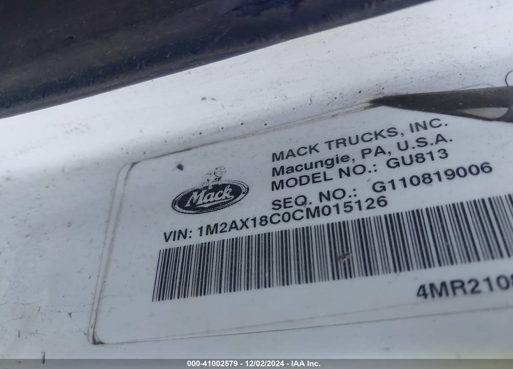 2012 MACK 800 GU800 VIN: 1M2AX18C0CM015126