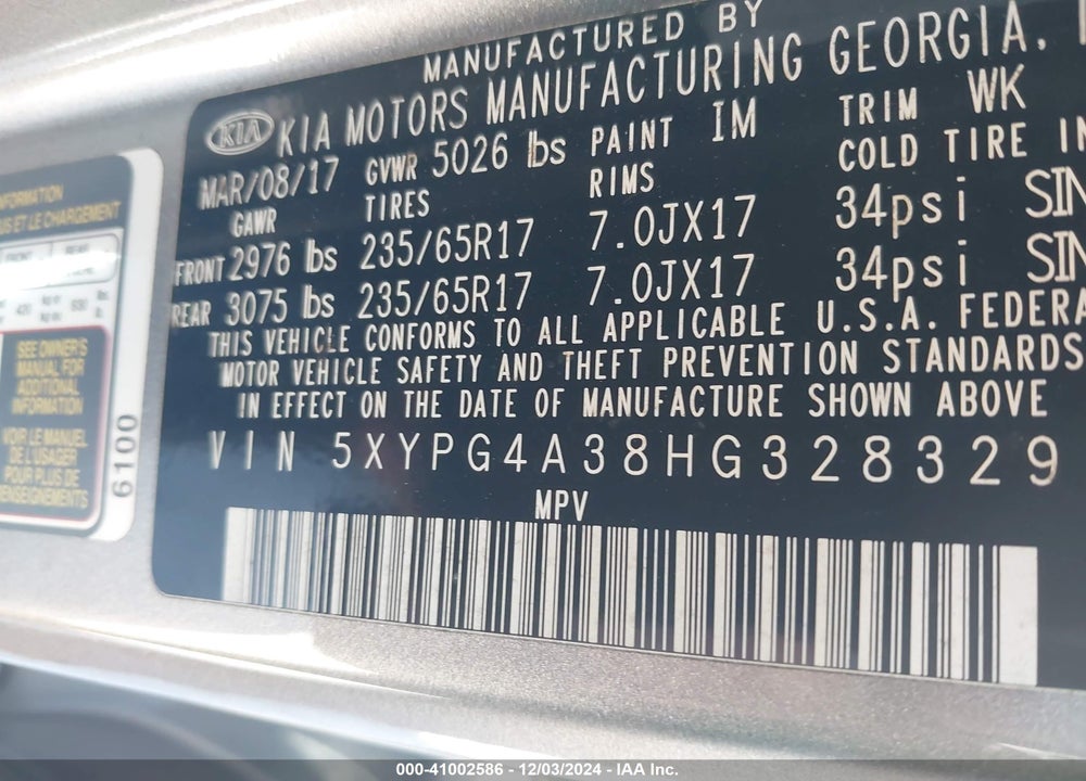 2017 KIA SORENTO 2.4L L VIN: 5XYPG4A38HG328329