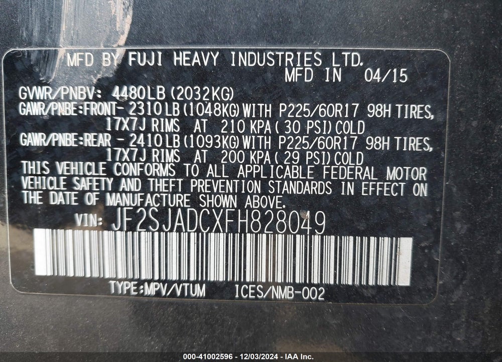 2015 SUBARU FORESTER 2.5I PREMIUM VIN: JF2SJADCXFH828049