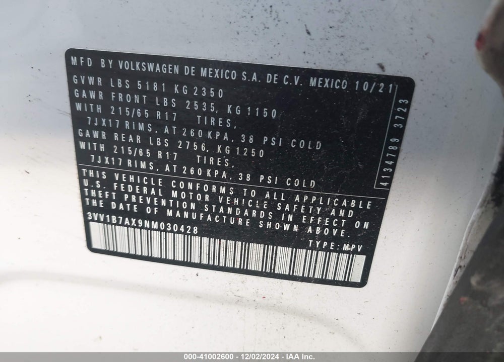 2022 VOLKSWAGEN TIGUAN 2.0T S VIN: 3VV1B7AX9NM030428