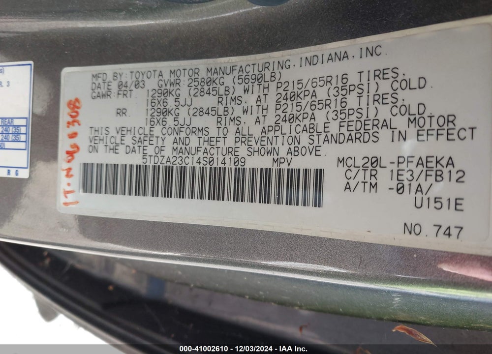 2004 TOYOTA SIENNA LE VIN: 5TDZA23C14S014109