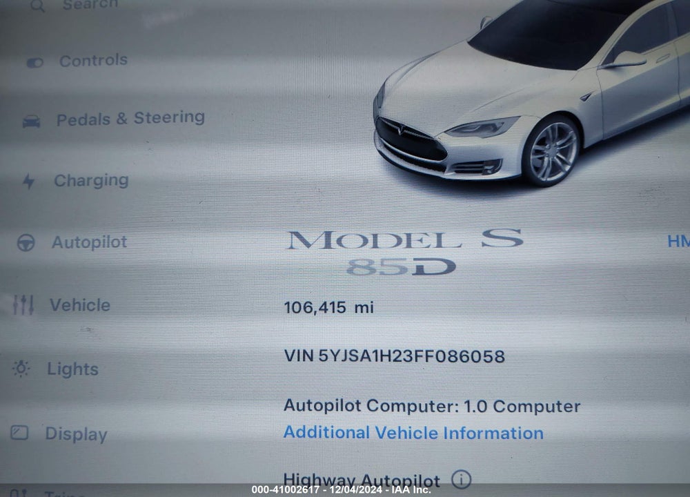 2015 TESLA MODEL S 70D/85D/P85D VIN: 5YJSA1H23FF086058