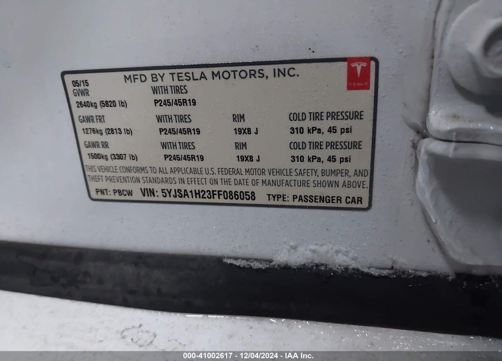 2015 TESLA MODEL S 70D/85D/P85D VIN: 5YJSA1H23FF086058