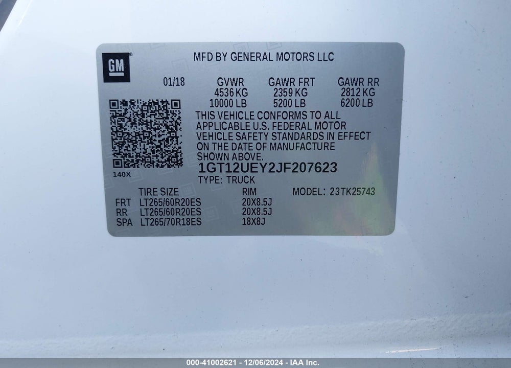 2018 GMC SIERRA 2500HD DENALI VIN: 1GT12UEY2JF207623