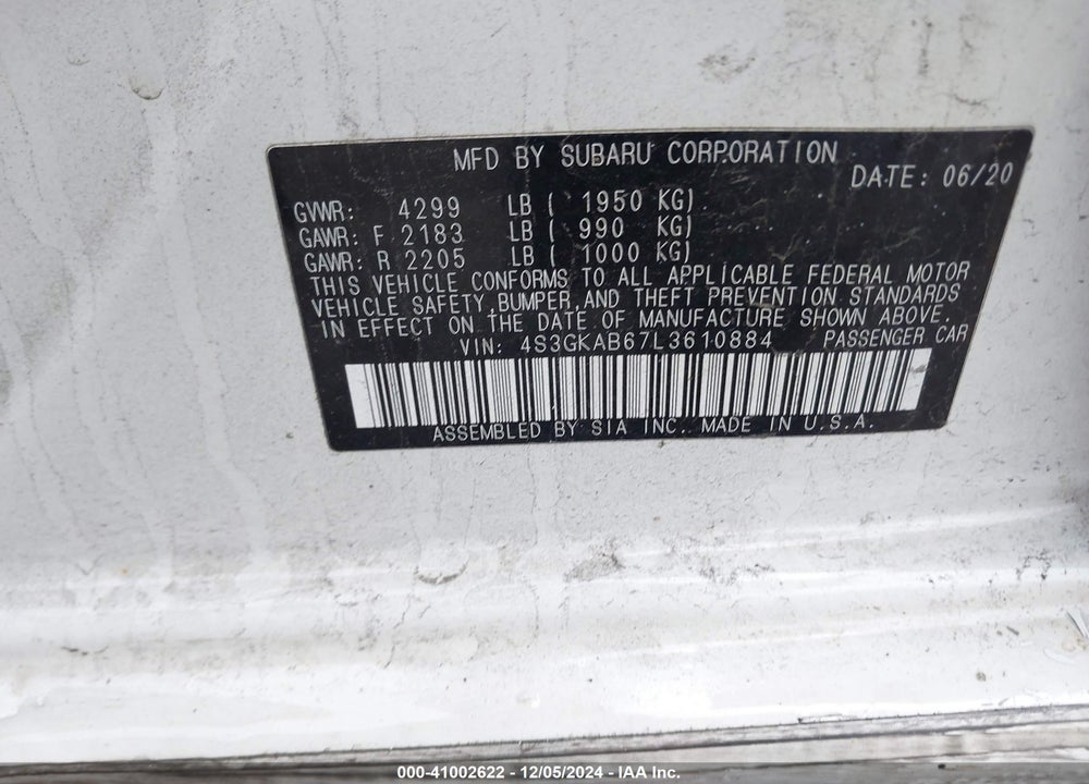 2020 SUBARU IMPREZA SEDAN VIN: 4S3GKAB67L3610884