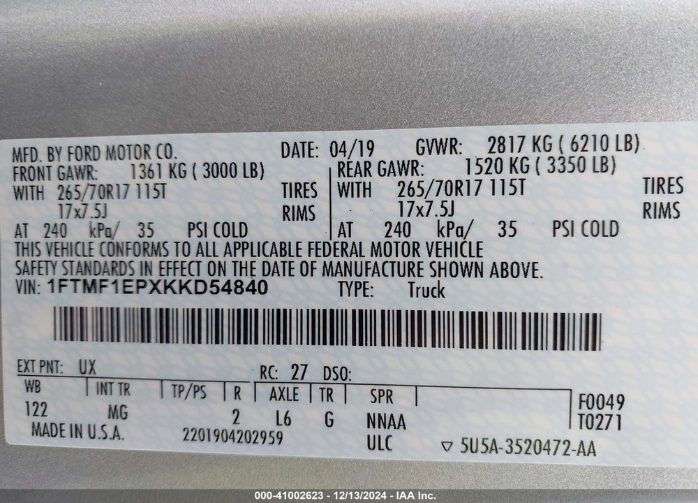 2019 FORD F-150 XLT VIN: 1FTMF1EPXKKD54840