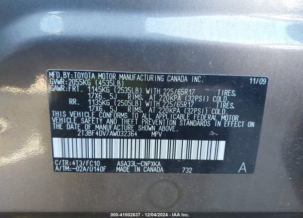 2010 TOYOTA RAV4 VIN: 2T3BF4DV7AW032364
