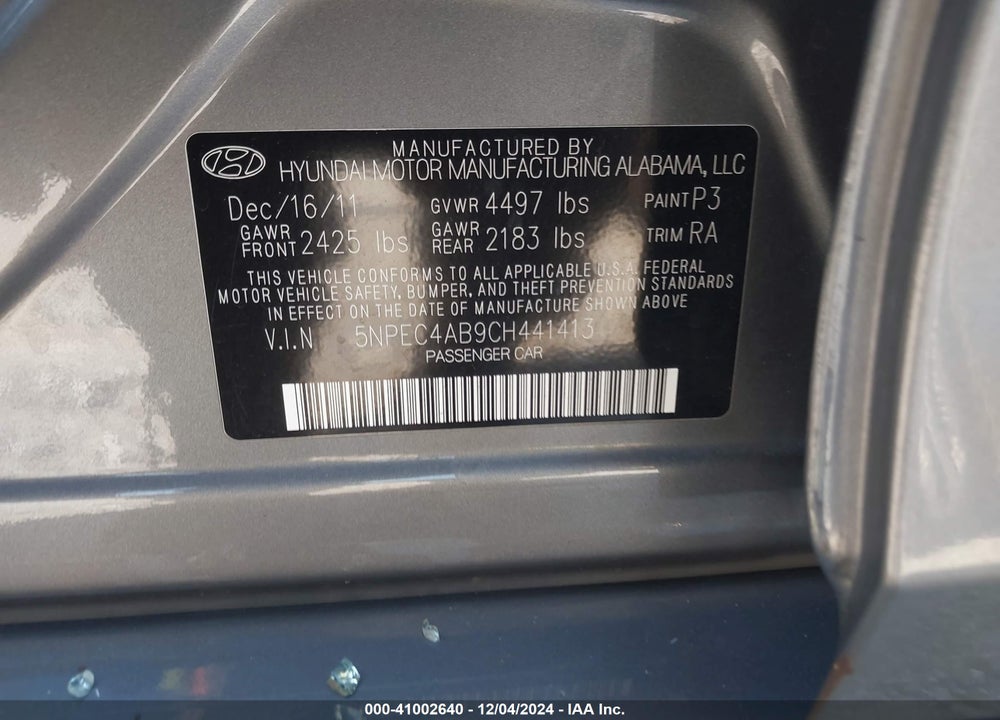2012 HYUNDAI SONATA VIN: 5NPEC4AB9CH441413