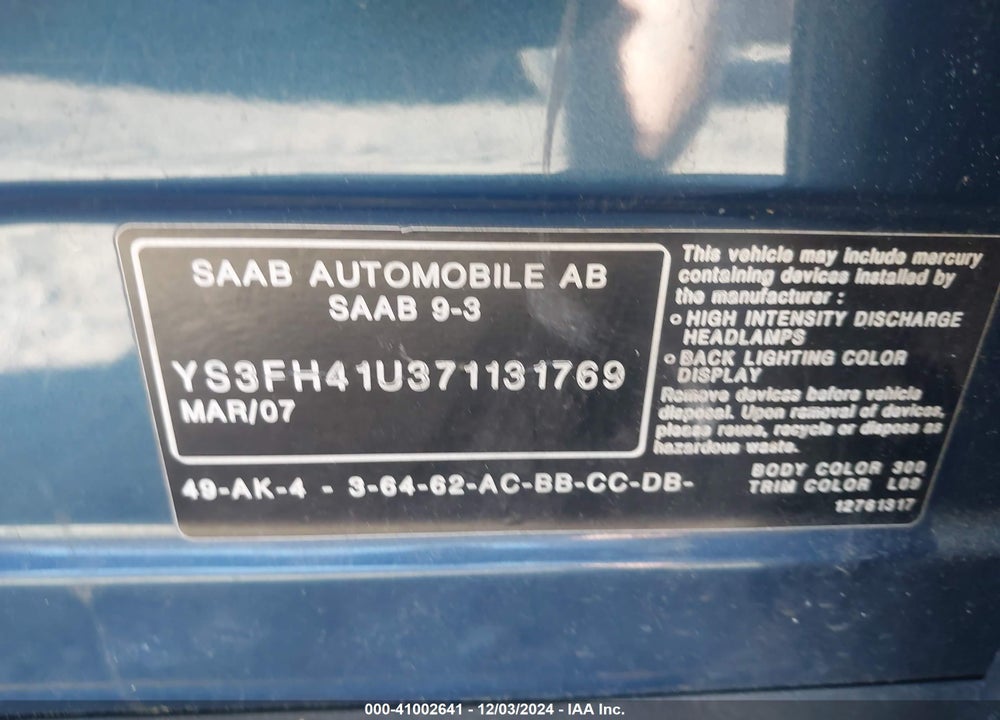 2007 SAAB 9-3 AERO VIN: YS3FH41U371131769