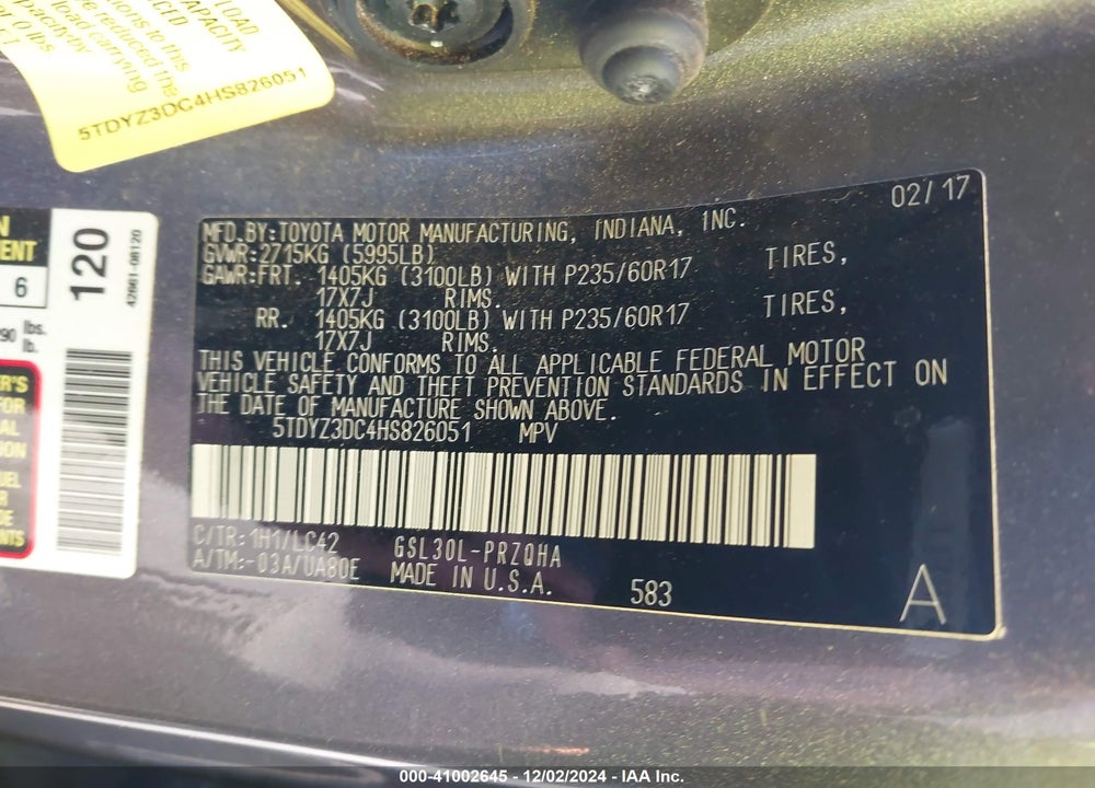 2017 TOYOTA SIENNA XLE LIMITED VIN: 5TDYZ3DC4HS826051