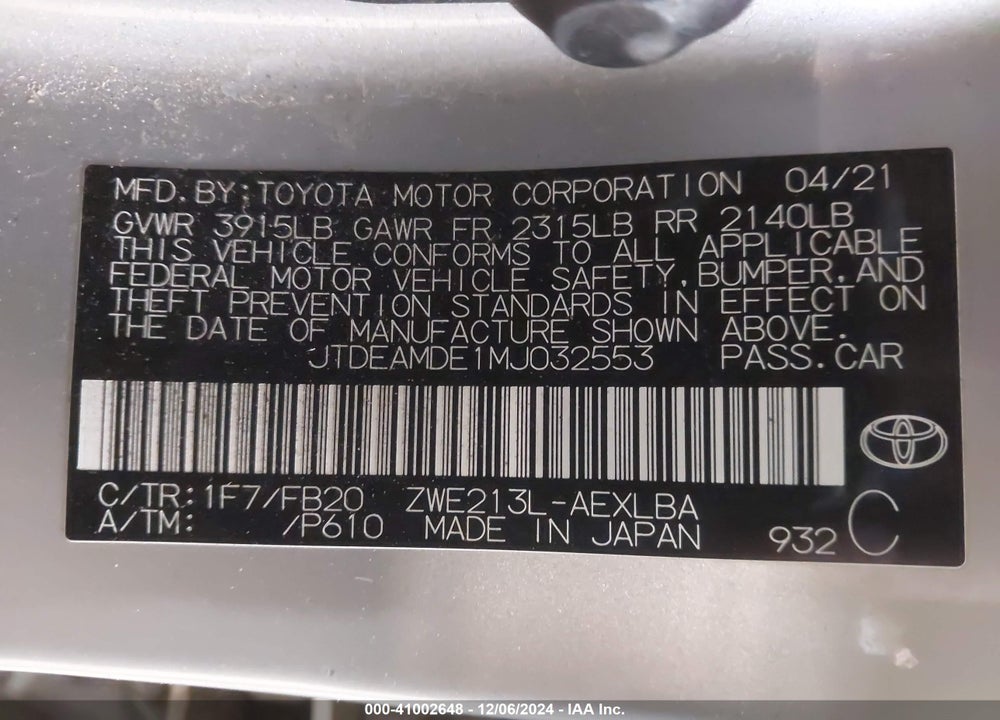 2021 TOYOTA COROLLA HYBRID LE VIN: JTDEAMDE1MJ032553
