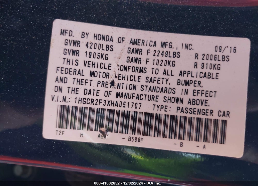2017 HONDA ACCORD LX VIN: 1HGCR2F3XHA051707