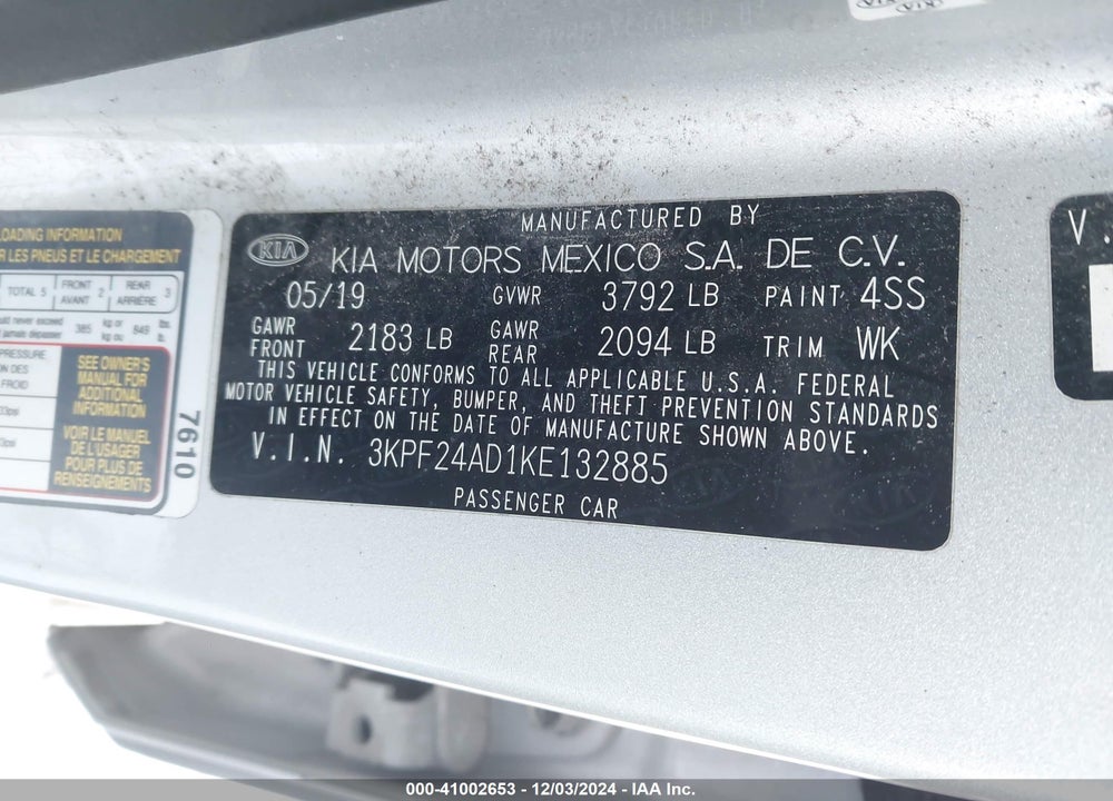 2019 KIA FORTE VIN: 3KPF24AD1KE132885