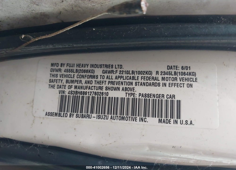 2002 SUBARU OUTBACK LIMITED VIN: 4S3BH686127602610