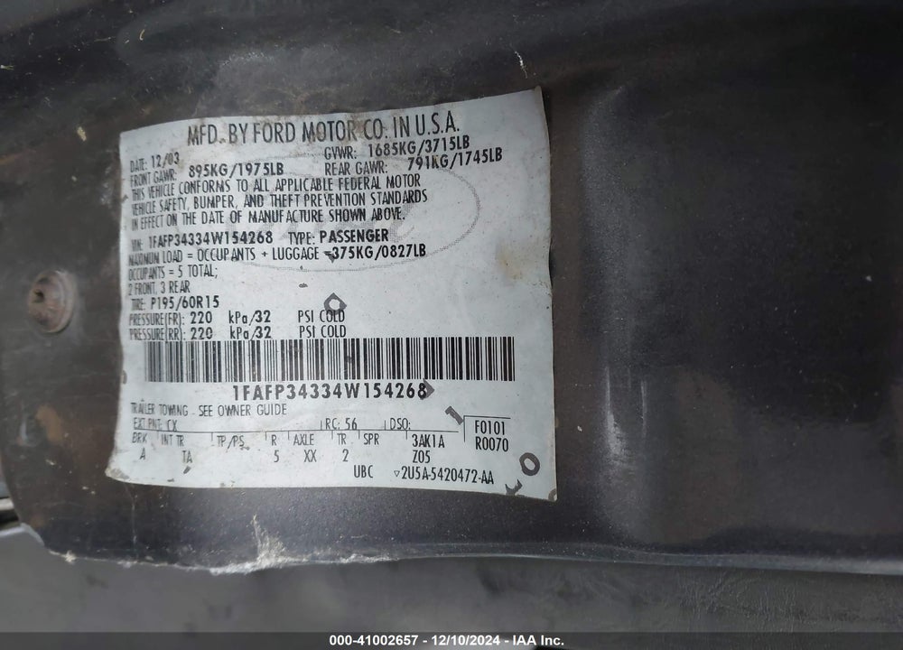 2004 FORD FOCUS SE VIN: 1FAFP34334W154268