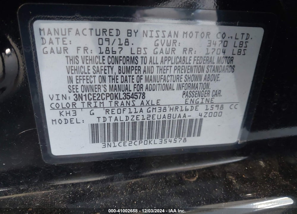 2019 NISSAN VERSA NOTE VIN: 3N1CE2CP0KL354578