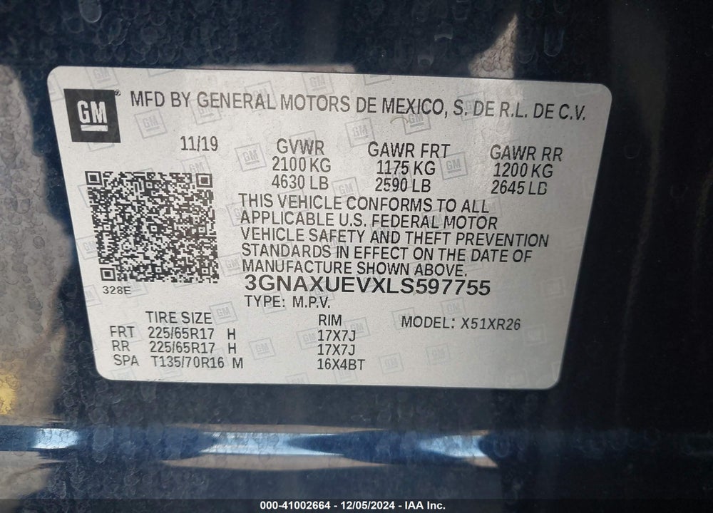 2020 CHEVROLET EQUINOX AWD LT 1.5L TURBO VIN: 3GNAXUEVXLS597755